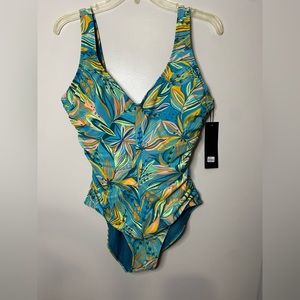 J. Hara One Piece Swimsuit Tummy Control V neck thank style Size 12 multicolor